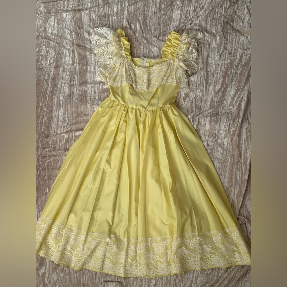 VINTAGE 60s 70s Handmade Yellow Lace Princess Gown Dress